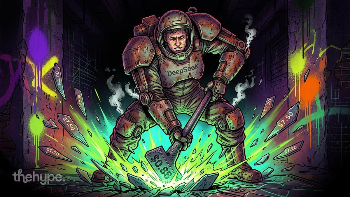 Armored figure with "DeepSeek" on chest smashes a $0.88 hammer through price tags ($7.50, $4.00, $1.20) on a graffiti-lit floor.