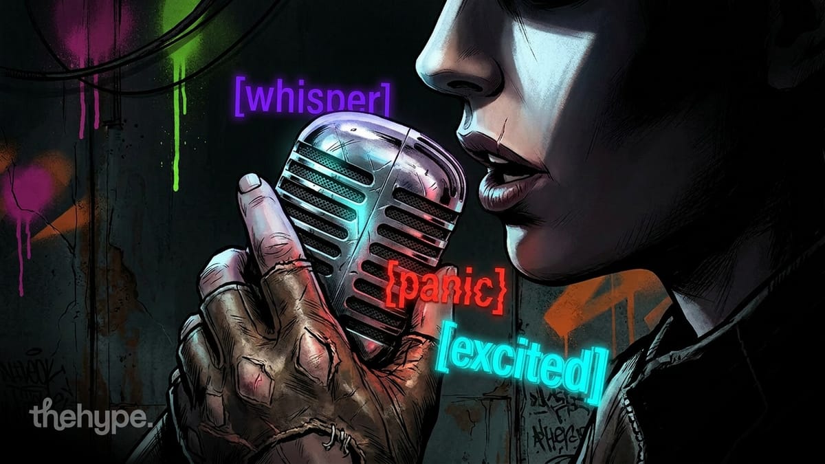 Woman speaks into vintage mic surrounded by neon [whisper], [panic], [excited] tags — Gemini 3.1 Flash TTS emotion control.