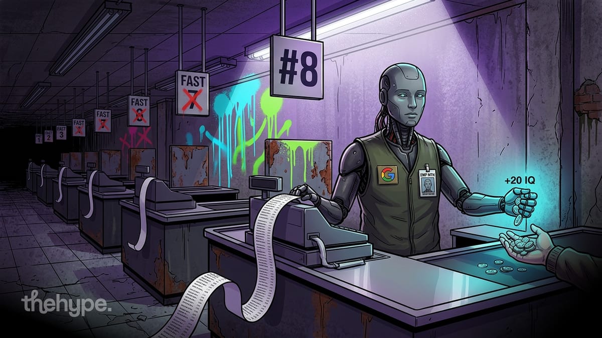 Robot with a Google badge at checkout lane #8 hands over coins labeled +20 IQ, crossed-out FAST signs visible in background lanes