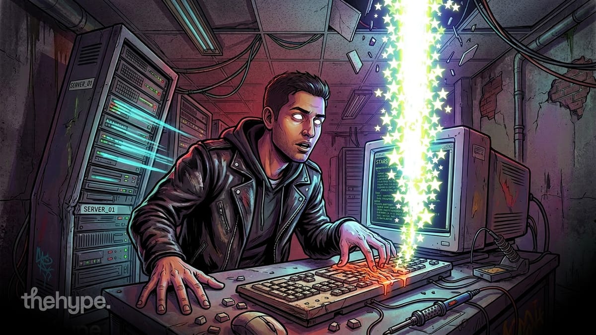 Comic-style developer in leather jacket at a server room desk as glowing stars erupt from his monitor
