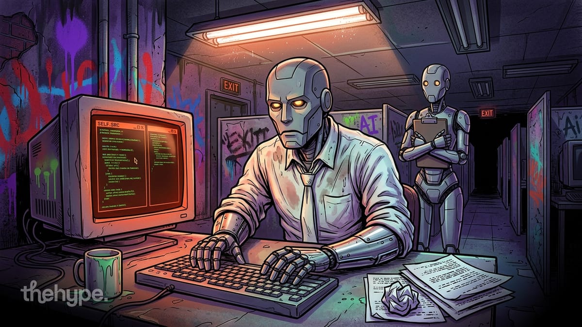 Robot in a shirt typing code at a retro terminal, second robot watching from behind, graffiti reads "AI" on the wall