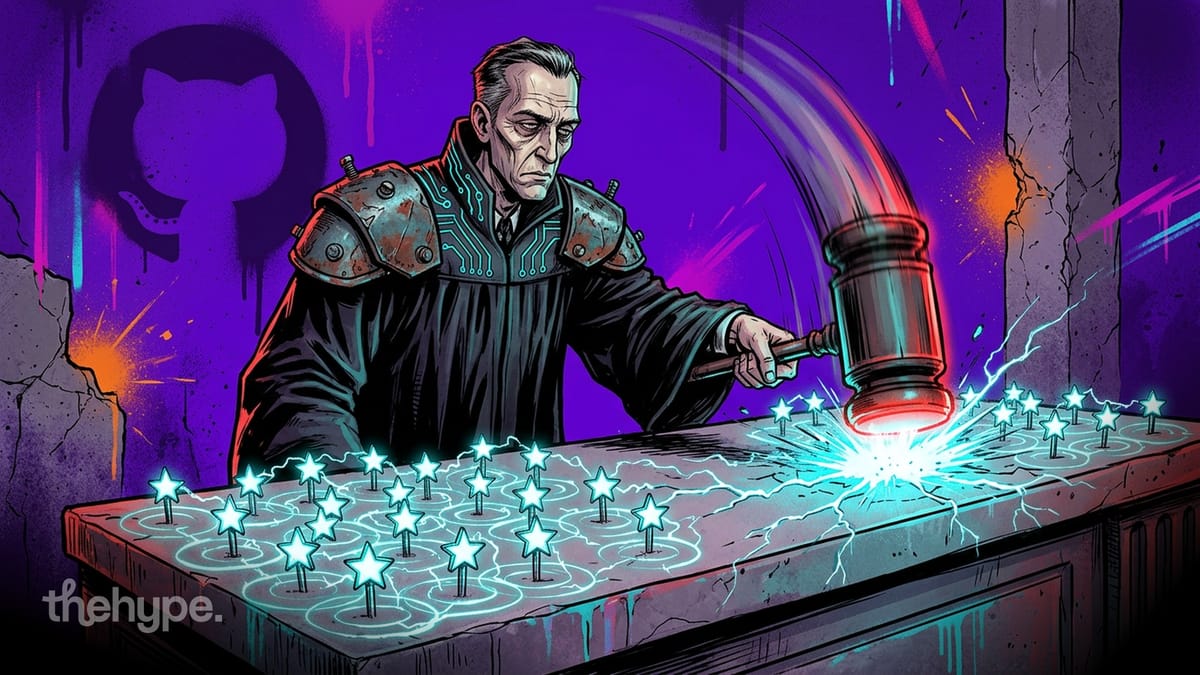 Comic judge in armored robe slams glowing gavel onto rows of electric stars on a desk, GitHub logo behind — top weekly repos.