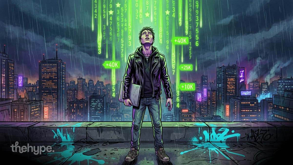 Person on a rooftop holds a laptop as glowing green star counters and digits rain down over a neon city skyline at night.