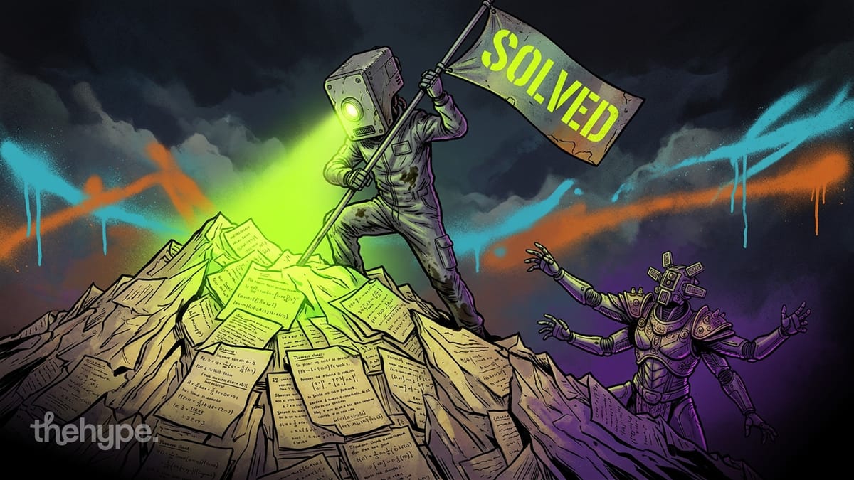 Robot plants a glowing "SOLVED" flag atop a mountain of math papers as a defeated armored figure retreats into the dark.