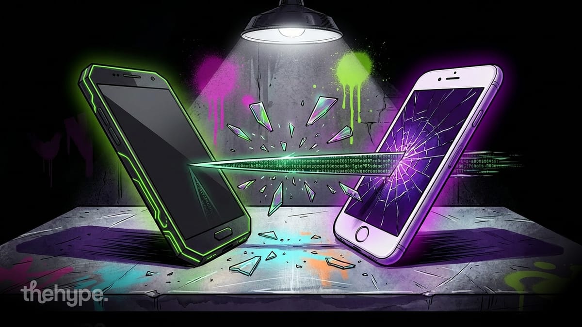 Two smartphones face off on a table under a lamp, one glowing green and one with a cracked purple screen, data stream between them