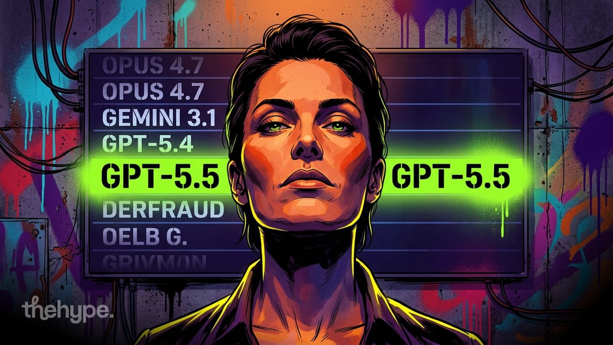 Woman in a police lineup with "GPT-5.5" highlighted in neon green above Opus 4.7, Gemini 3.1, GPT-5.4 — public model on top.