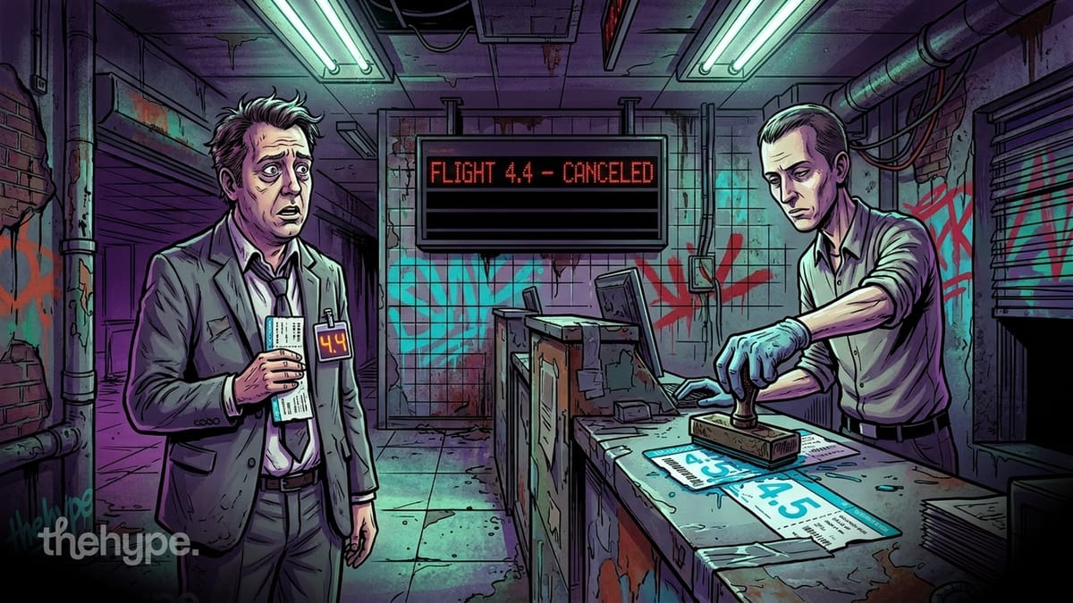 Comic scene: man with 4.4 ticket watches clerk stamp 4.5 tickets under "Flight 4.4 Canceled" sign — Grok 4.4 skipped.