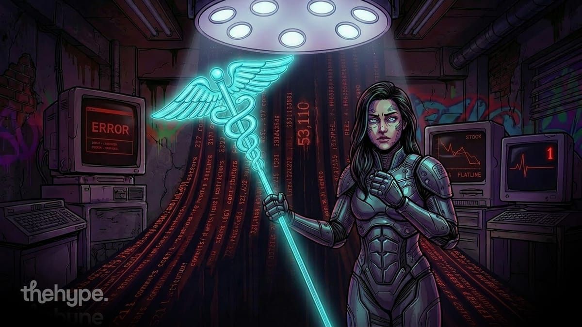 Armored figure holds a glowing caduceus staff as code with "53,110" cascades behind — Hermes Agent tops GitHub stars.