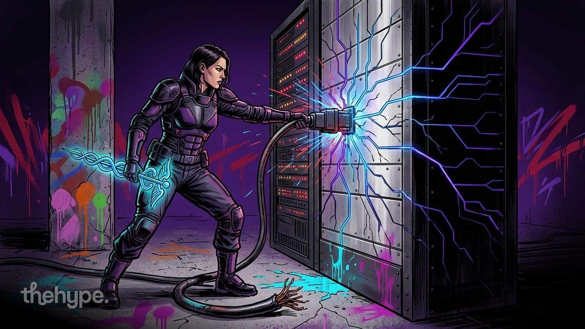Armored woman jacks a thick cable into a sparking server rack as electric arcs fan across its panels in a graffitied bunker.