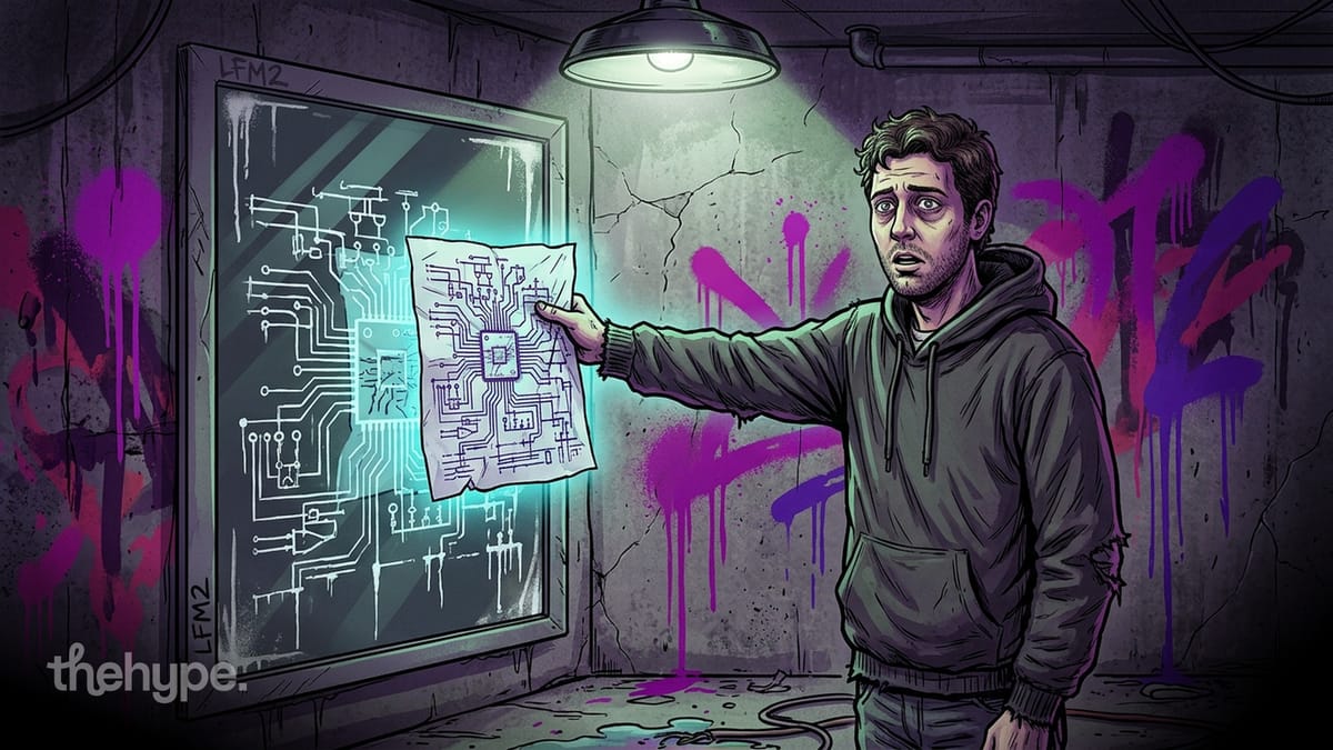 Illustrated man in hoodie holds glowing chip schematic in graffiti room with LFM2 tags, representing Liquid AI's edge model