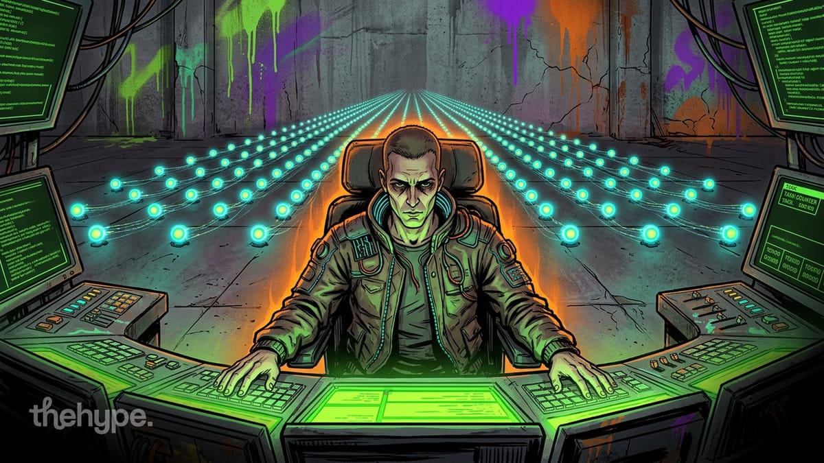 Operator at a glowing console controls rows of neon nodes stretching into the distance, evoking parallel agents at scale.