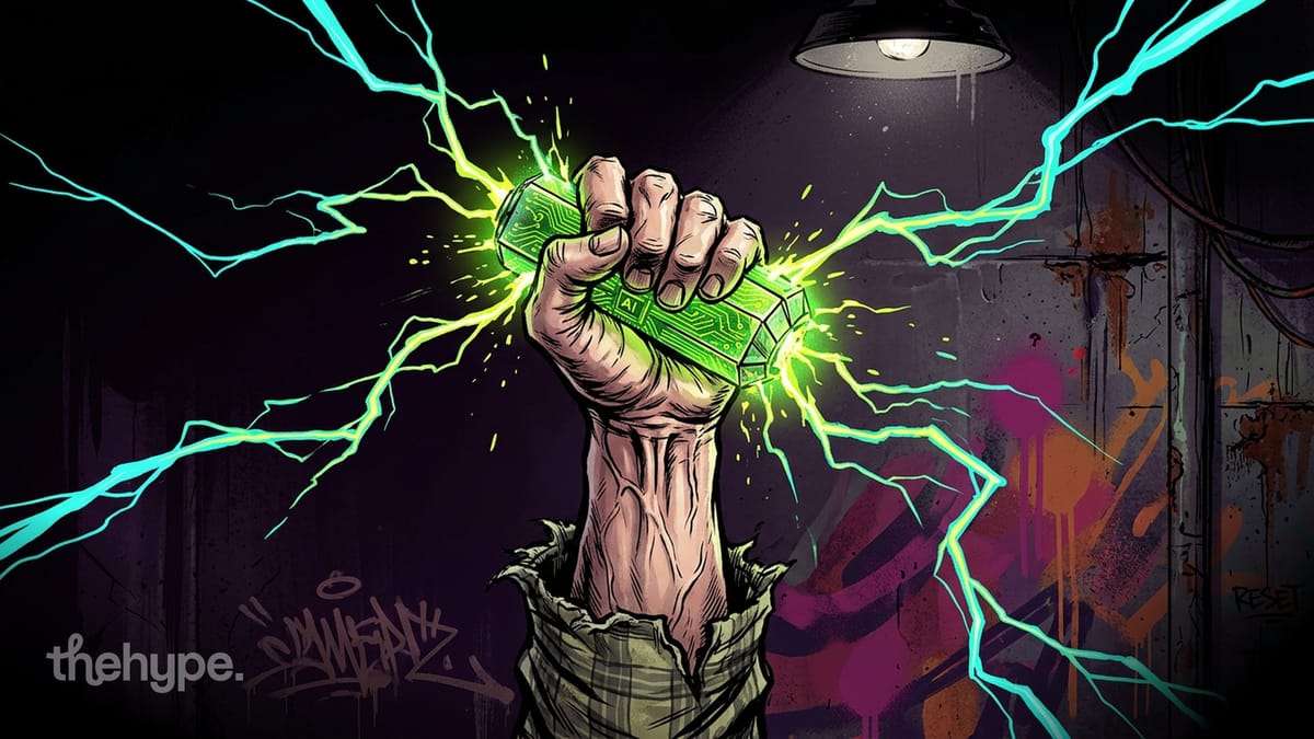 Fist clutches a glowing green AI chip shooting blue lightning in a graffitied room — local AI model running on your phone.