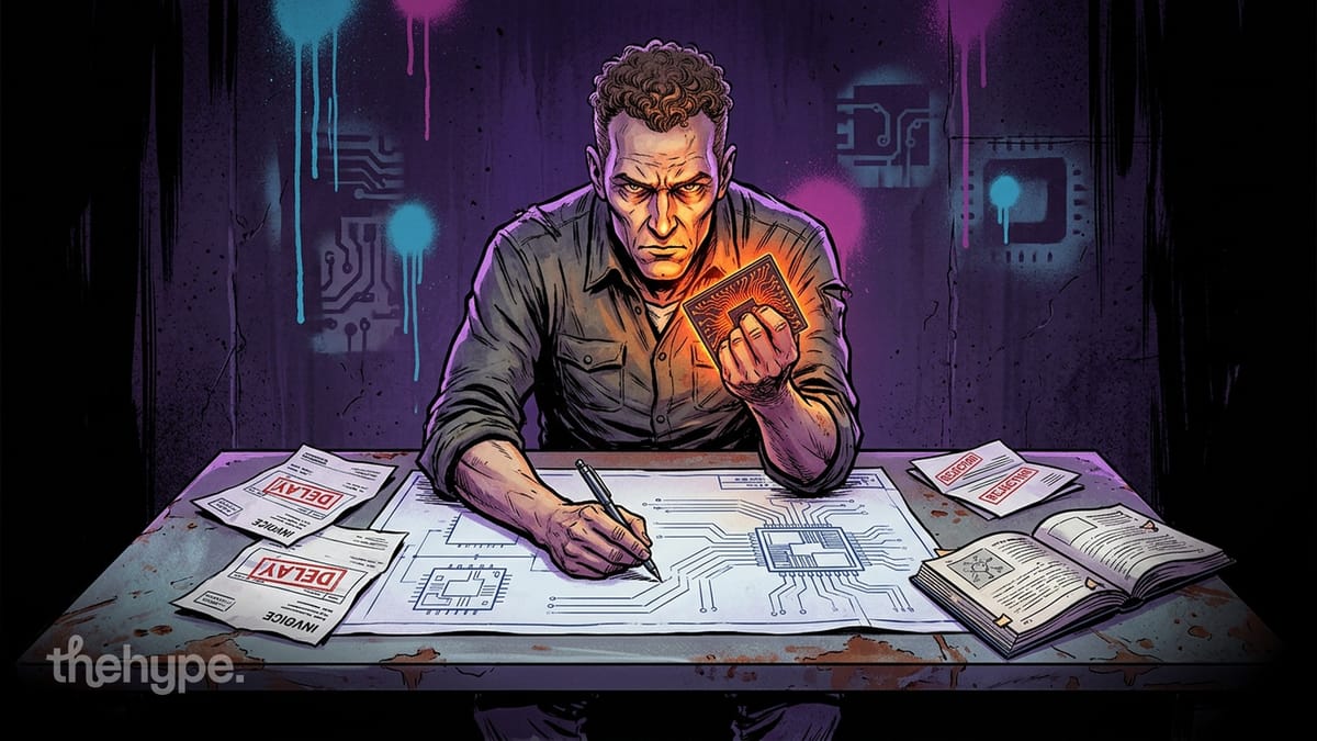 Illustration of a man holding a glowing chip over circuit blueprints, surrounded by delayed and rejected papers