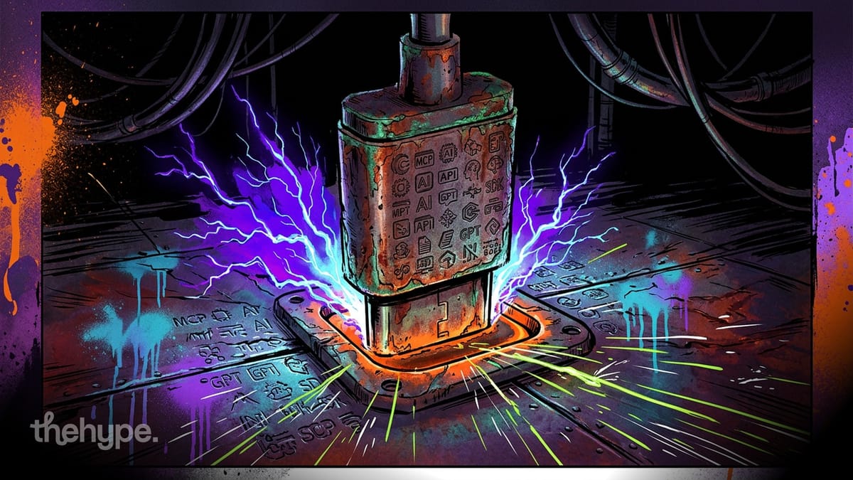 Rusty industrial connector engraved with AI, API, MCP, and GPT icons, emitting electric sparks in a dark industrial setting