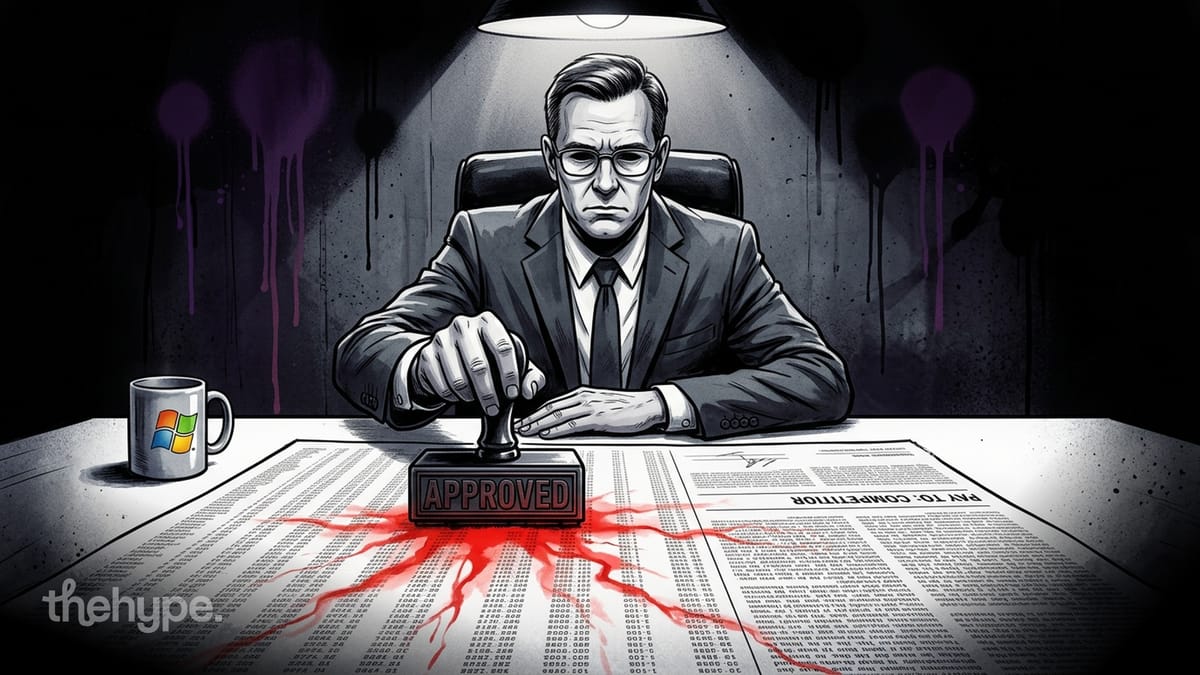 Executive in suit stamps "Approved" on a contract marked "Pay To: Competitor," red ink bleeding — Microsoft's $233M Claude bill.