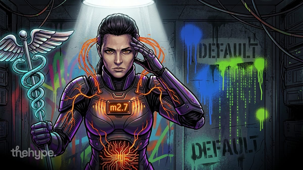 Armored woman with caduceus and "m2.7" chestplate before a graffitied "DEFAULT" wall — MiniMax m2.7 powers Hermes Agent.