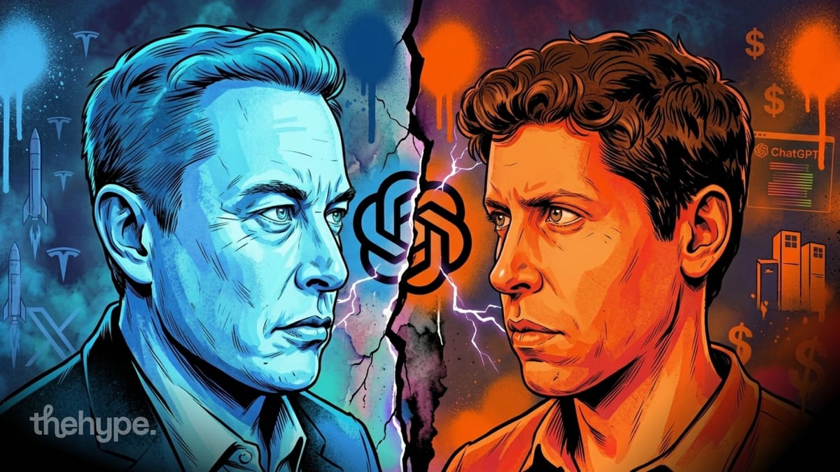 Comic portraits of Elon Musk in blue and Sam Altman in orange split by lightning and OpenAI's logo — the feud goes to court.