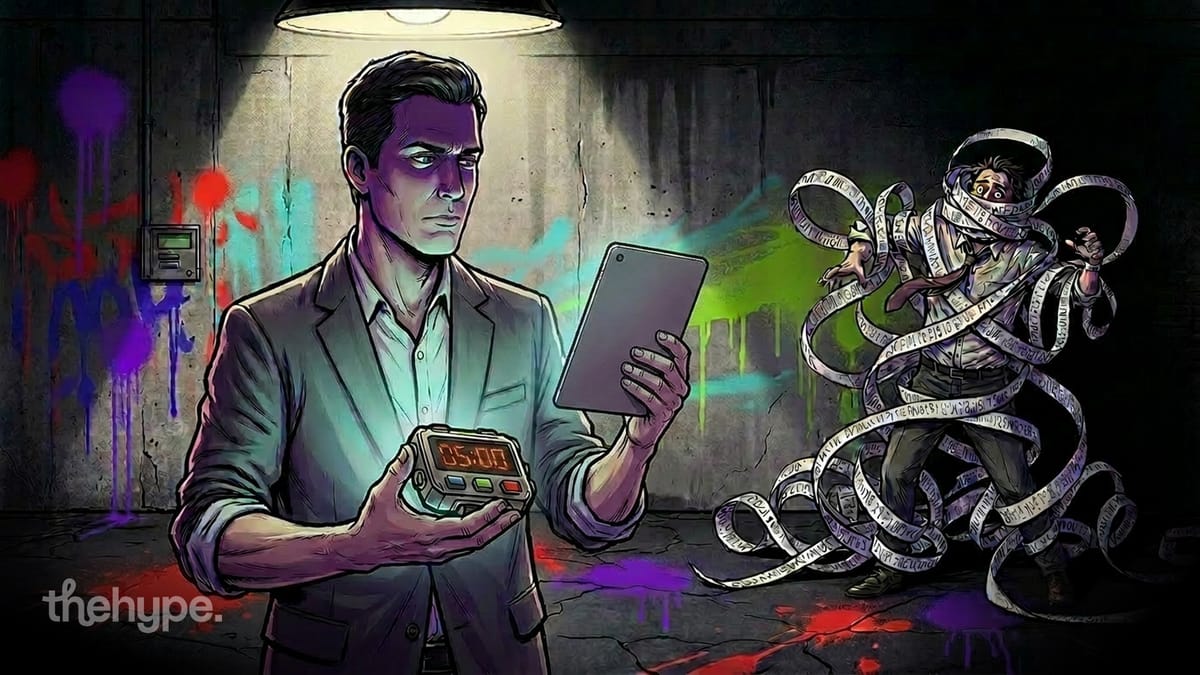 Man in suit holds a tablet and a countdown timer; nearby figure is tangled and bound by long strips of printed text