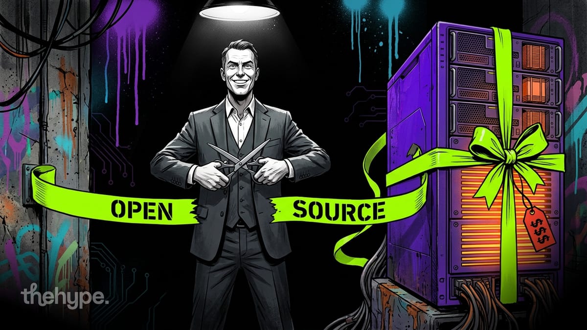 Suited man cuts a green Open Source ribbon wrapped around a glowing server rack tagged with a dollar price under spotlight.