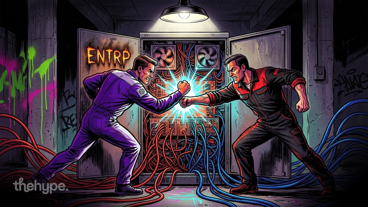 Two men in purple and red overalls clash fists in front of a tangled, sparking server marked Enterprise in a graffitied hall.