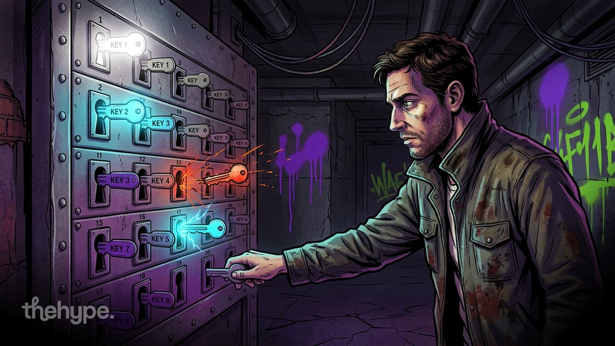 Man in jacket reaches toward a wall panel of labeled keys with glowing and sparking slots, illustrating API key routing control