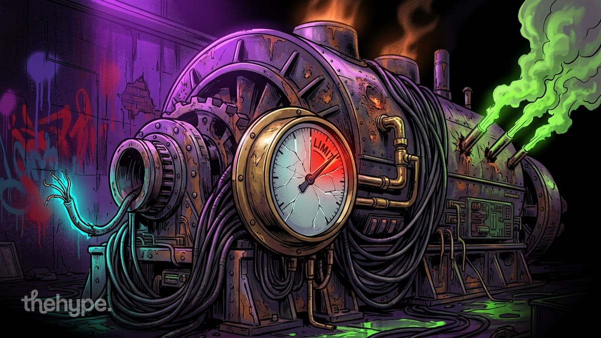 Rusted machine with cracked "LIMIT" gauge in the red leaks green smoke — Opus 4.7 burns tokens and hits caps.