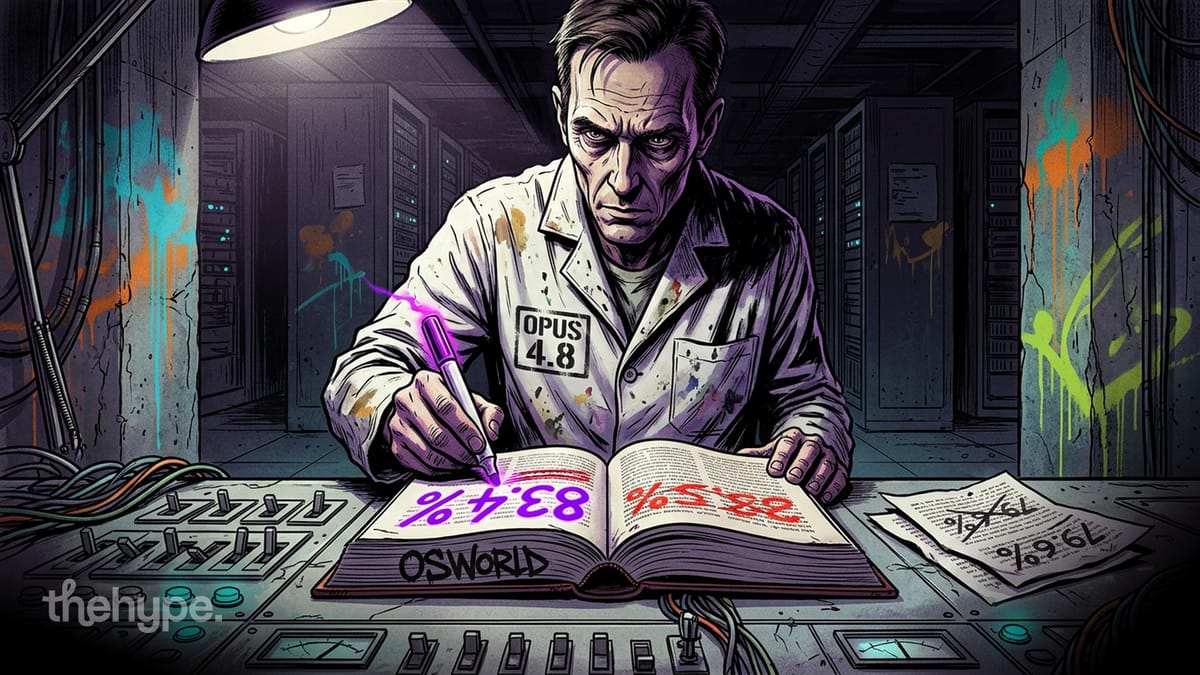 Illustration of a man in a lab coat labeled Opus 4.8 writing benchmark scores in a book marked OSWorld in a server room