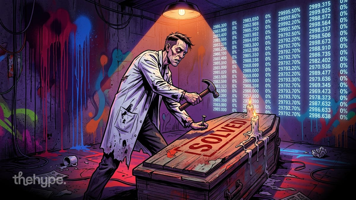 Lab-coated figure hammers a nail into a coffin marked Solved as walls of 0% scores glow behind under a swinging spotlight.