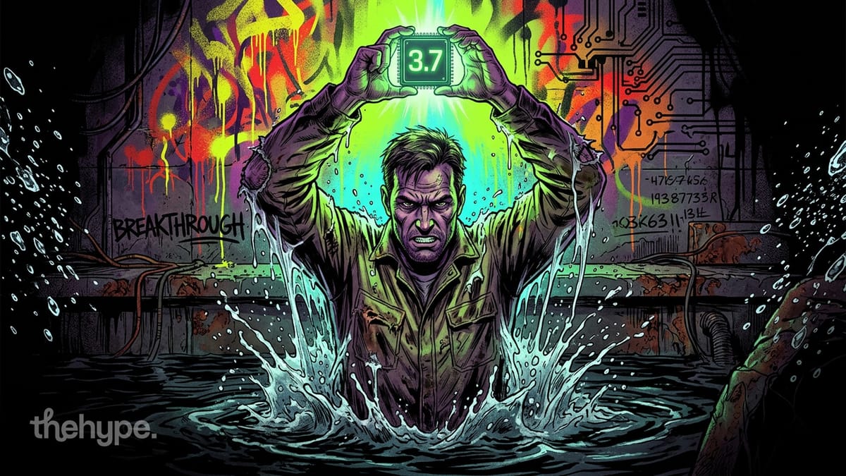 Figure emerges from water holding a glowing chip labeled 3.7, graffiti reads "BREAKTHROUGH" on the wall behind