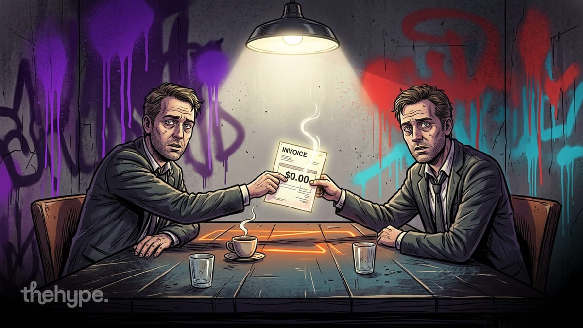 Two suited men hold a $0.00 invoice under a hanging lamp in a graffiti-walled room, illustrating AI API price war