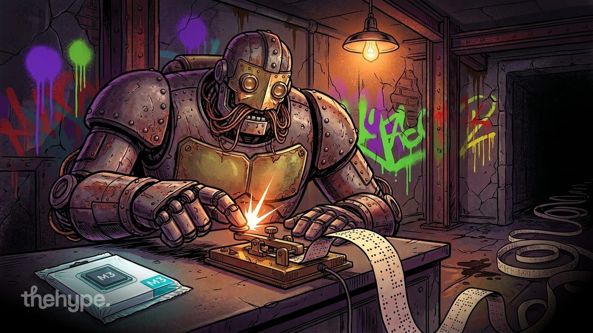 Steampunk robot operating a telegraph machine next to M3 chips in a graffiti-covered workshop