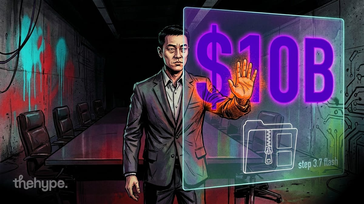 Illustrated man in suit touches holographic $10B screen with file icon in dark boardroom, referencing Stepfun's IPO strategy