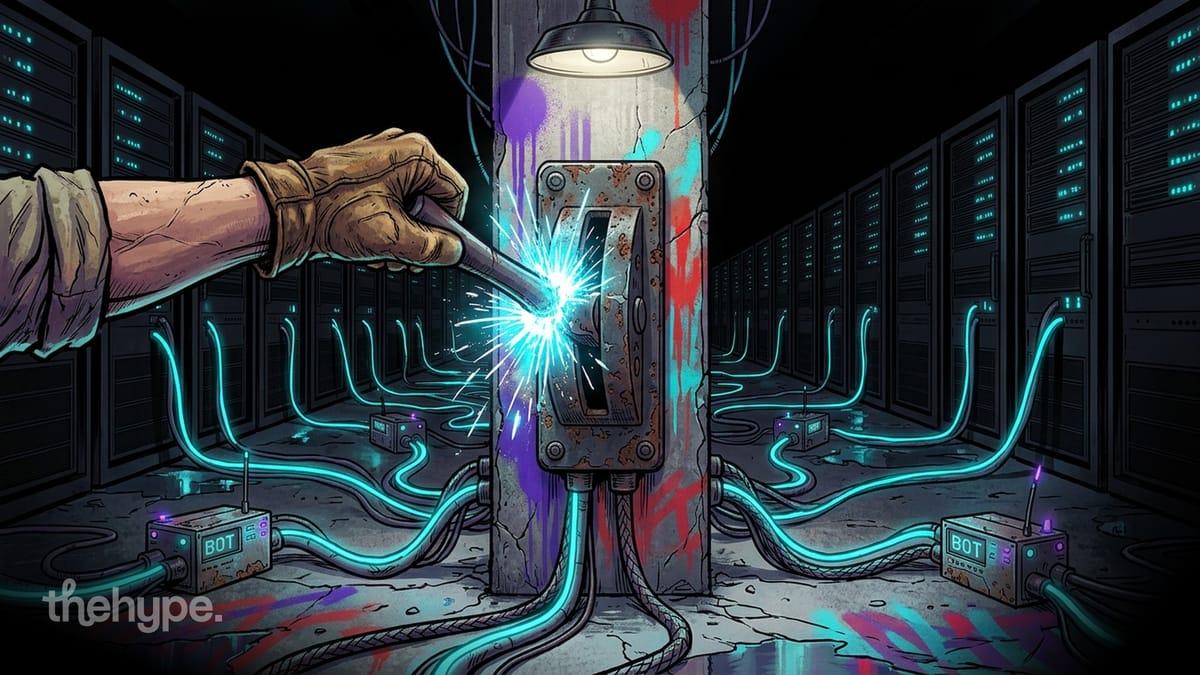 Gloved hand flips a sparking switch on a server room pillar, glowing cables connect small BOT devices across the floor