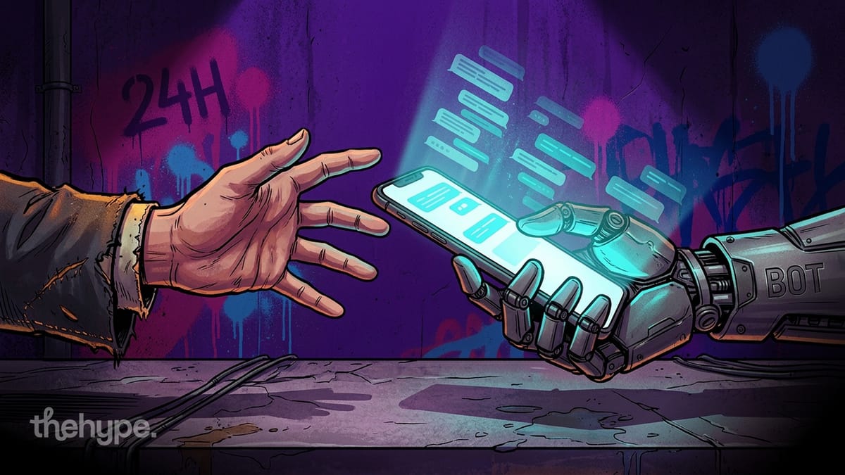 Robot hand labeled BOT passes a phone with chat bubbles to a human hand, graffiti reads 24H on the wall behind