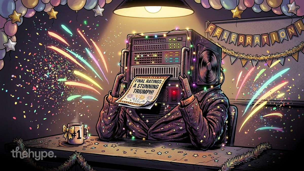 Server-headed figure reads a paper labeled "Final Ratings: A Stunning Triumph!" amid confetti, balloons, and a #1 mug