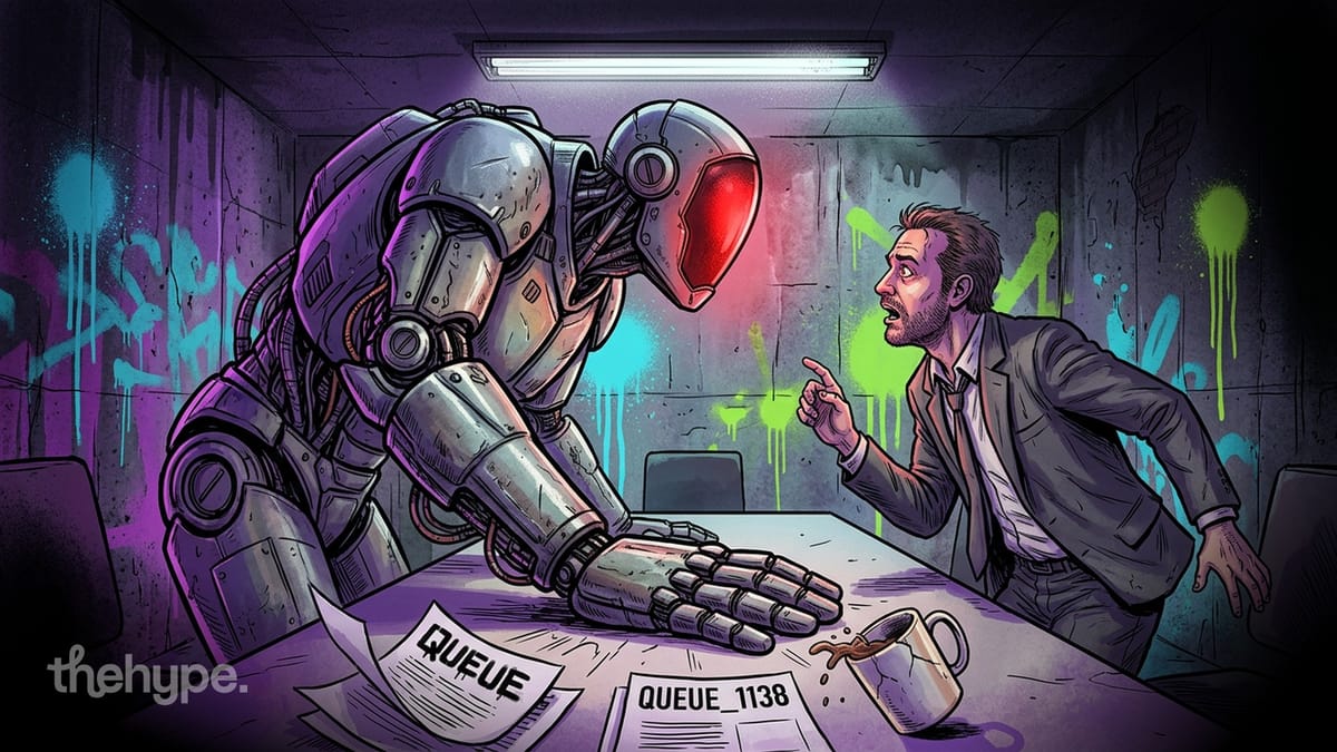Armored robot leans over a desk toward a man in a suit, papers labeled QUEUE and QUEUE_1138 scattered between them