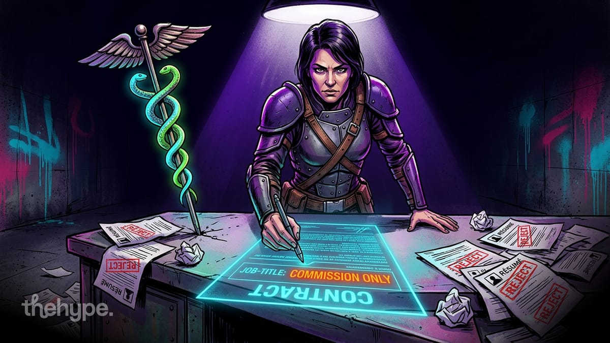 Armored woman signs a glowing Commission Only contract on a desk piled with rejected resumes beside a Hermes caduceus staff.