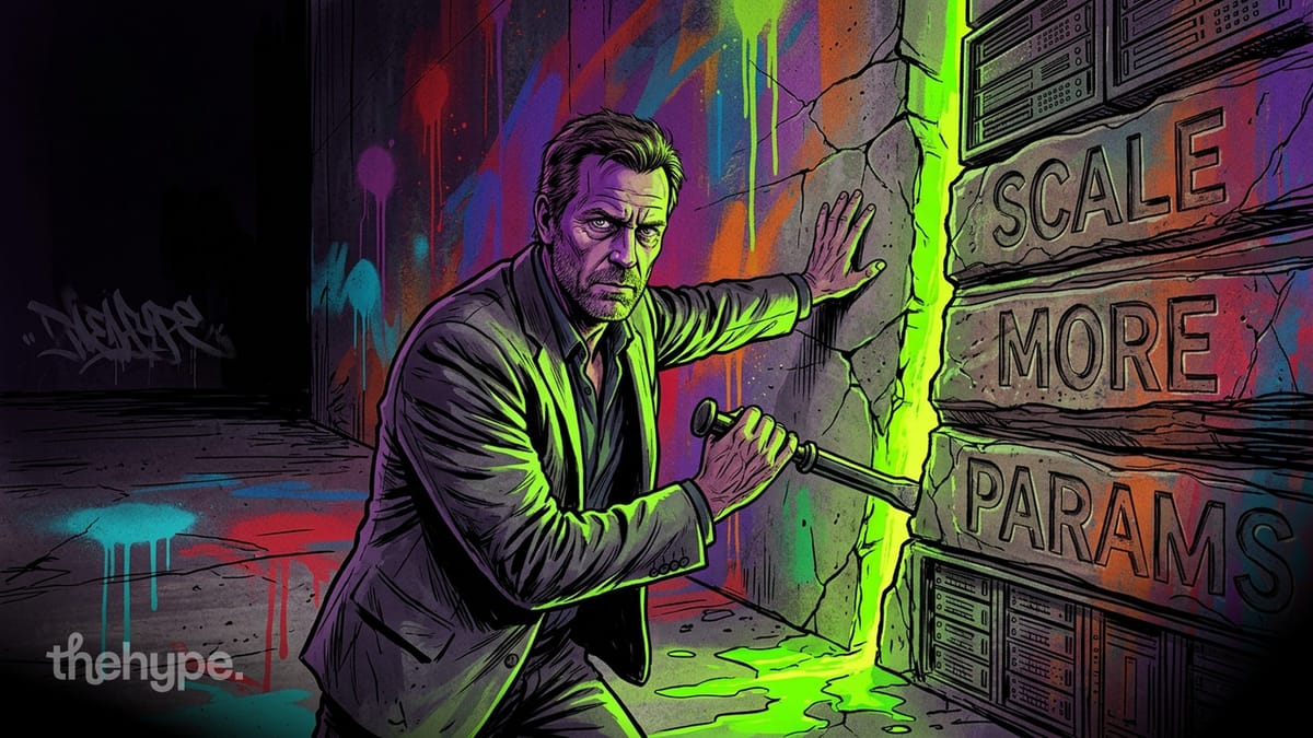 Suited man drives a chisel into a cracked stone wall carved with Scale, More, Params as green light bursts through behind.
