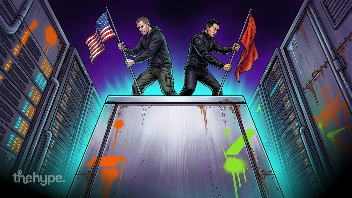 Two figures plant US and Chinese flags atop a graffitied server in a corridor of glowing data center racks under purple light.