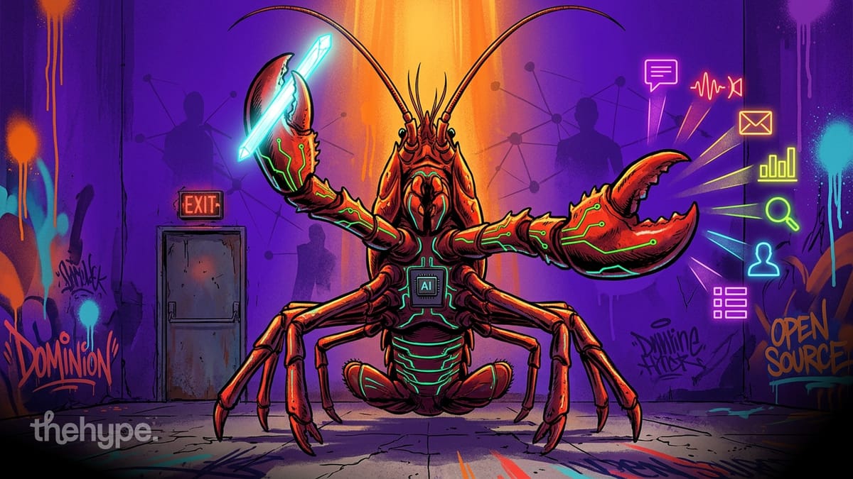 Cyberpunk illustration of a red lobster with green AI circuits and a glowing claw-sword, surrounded by social app icons.