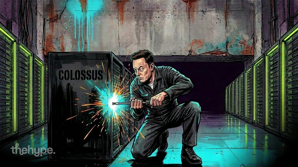 Man in coveralls welds a server rack labeled Colossus between rows of glowing green data center cabinets in a graffitied hall.
