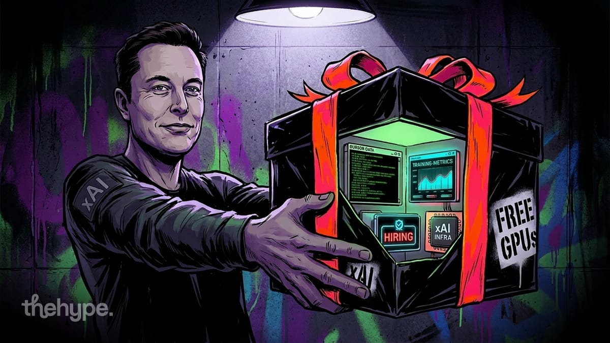 Elon Musk in xAI shirt hands over a gift box marked "FREE GPUs" with hiring and infra labels — xAI's GPU deal with Cursor.