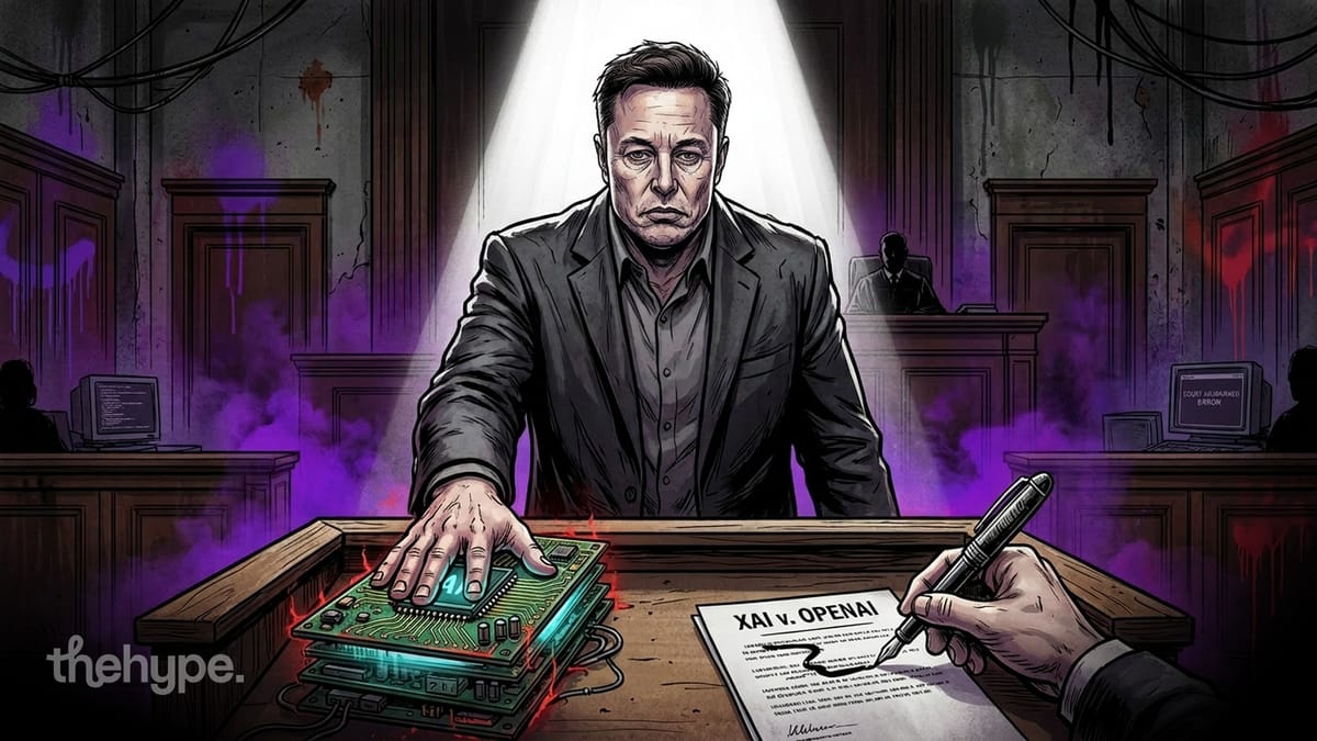 Suited man stands over a glowing circuit board in a dark courtroom as a hand signs an xAI v. OpenAI document beside it.
