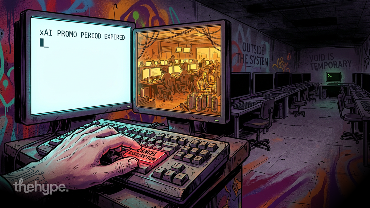 Hand on a CANCEL key beside a CRT reading "xAI PROMO PERIOD EXPIRED" in an emptied PC lab — devs leave when free ends.