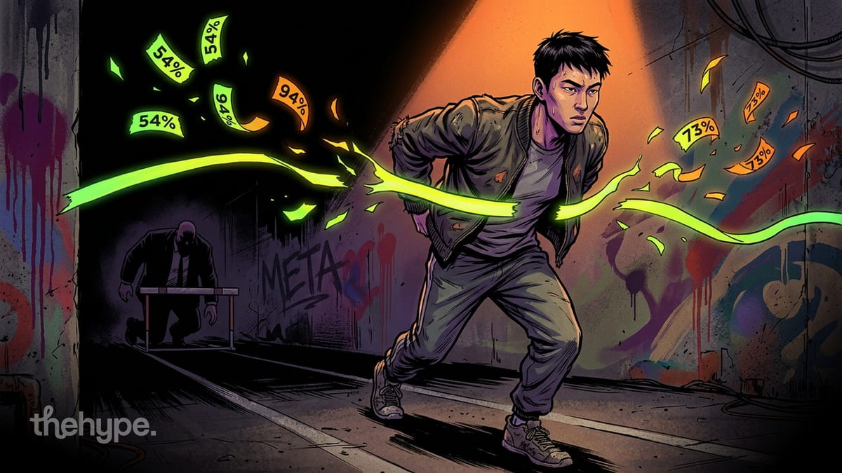 Young runner sprints past a hunched figure at a Meta-tagged starting line as glowing 54%, 73%, and 94% scorecards trail behind.