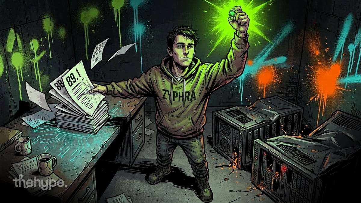 Hooded figure in a Zyphra sweatshirt holds a glowing chip aloft beside benchmark papers and sparking, half-broken servers.