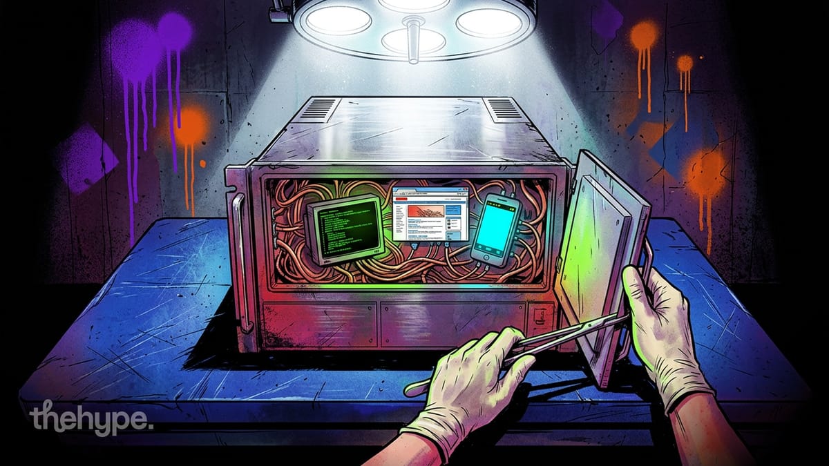 Gloved hands open a metal container under surgical light, revealing tangled wires with terminal, browser, and phone screens