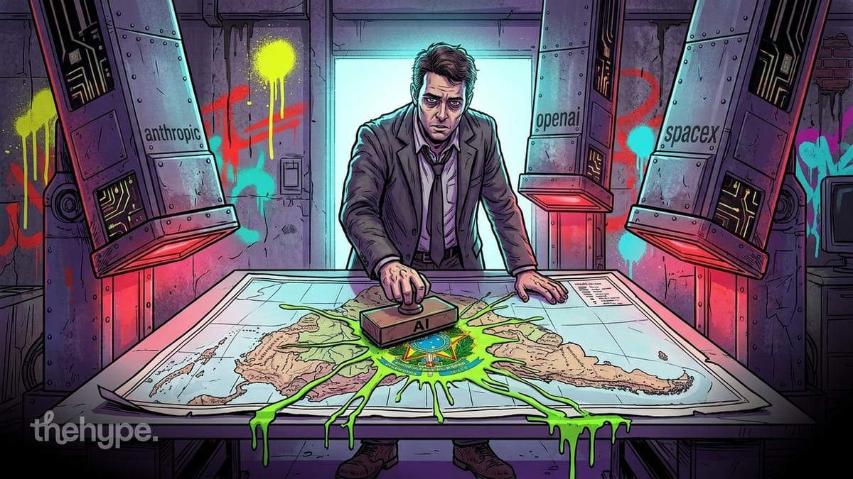 Comic-style man stamping AI onto a map of Brazil with Anthropic, OpenAI, and SpaceX labels on panels behind him