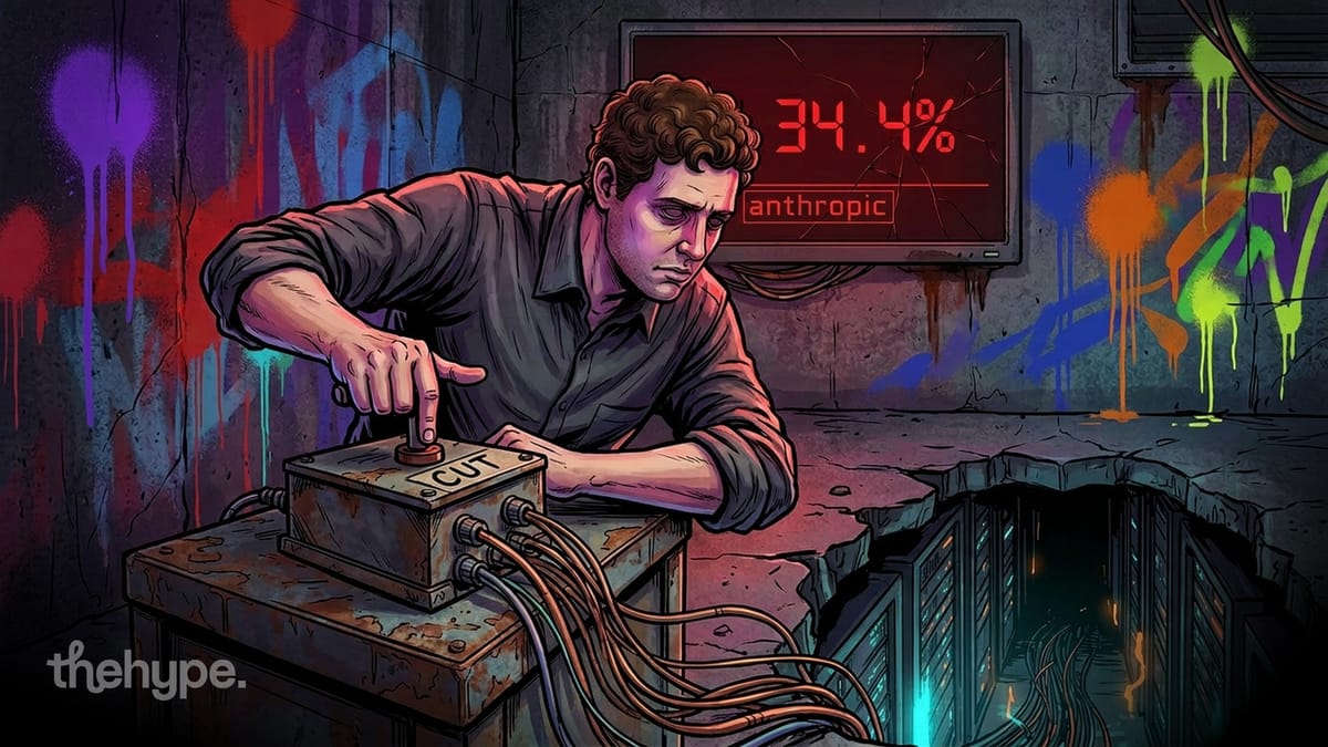 Man pressing a cut button beneath a screen showing 34.4% and Anthropic in a graffiti-covered industrial setting
