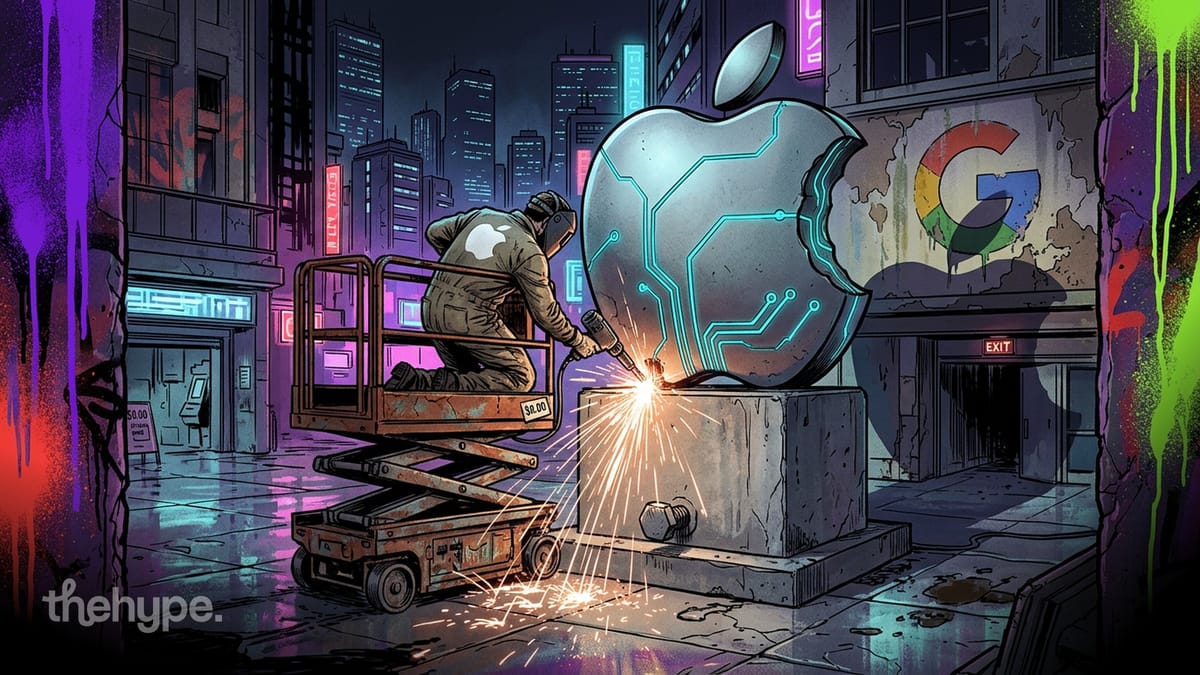 Worker welding circuit-patterned Apple logo on scissor lift in neon cyberpunk city with Google logo on building wall